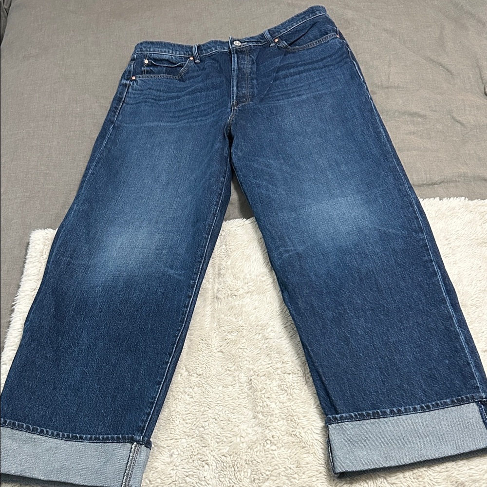 MOTHER Wide Leg Jeans in Dark Blue Denim